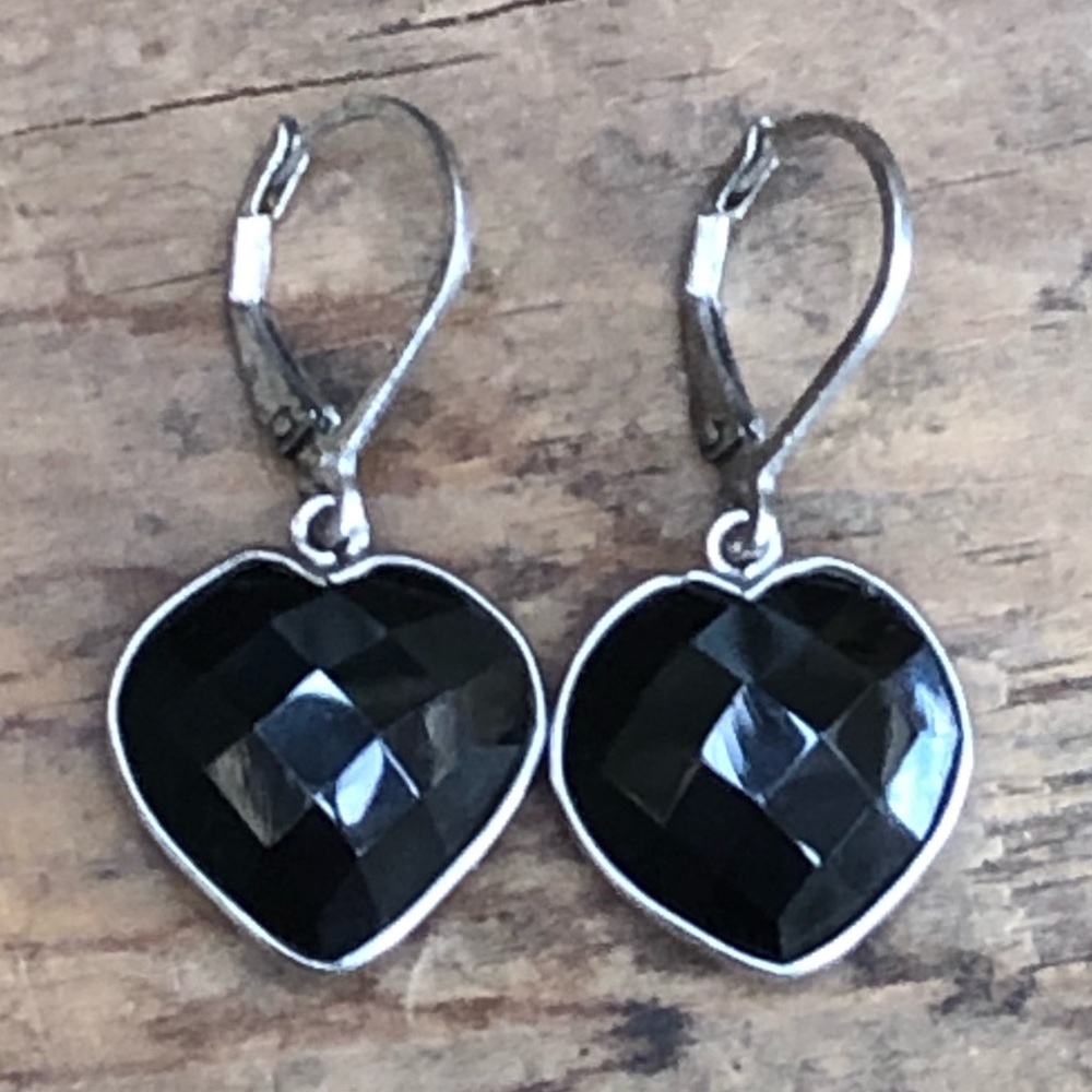 Heart Shaped Faceted Black Onyx Leverback Dangle Earrings Sterling Silver